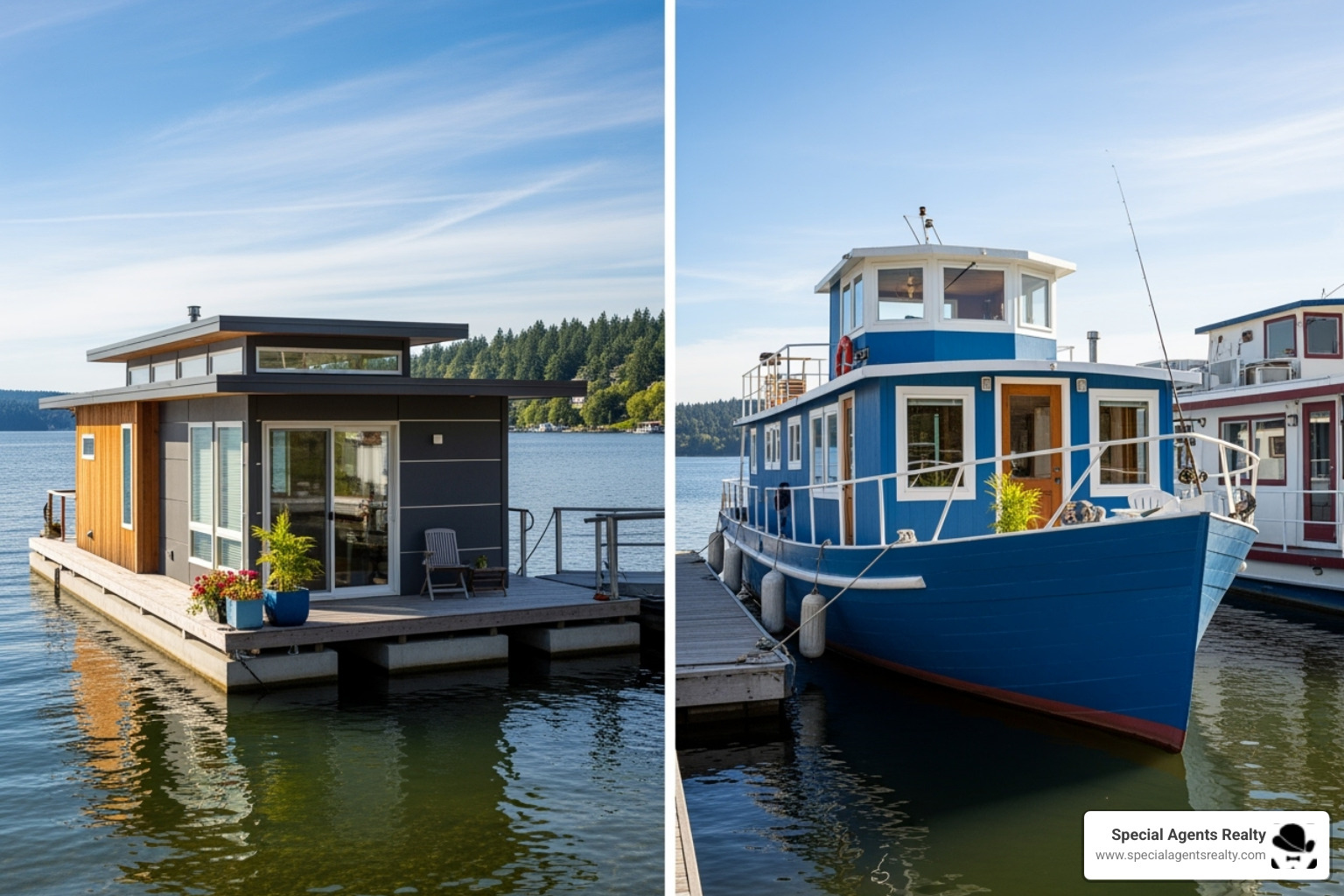 Floating home next to a houseboat - Lake Washington houseboats Floating home next to a houseboat - Lake Washington houseboats