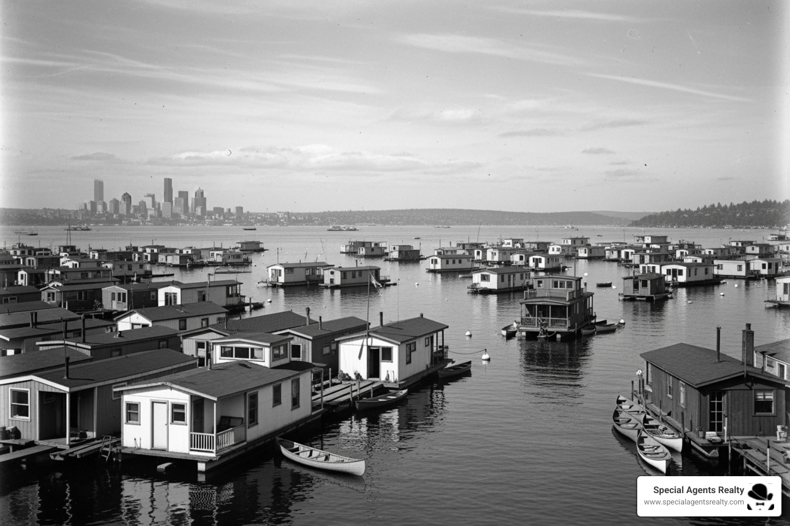 Historic black-and-white photo of early Seattle houseboats - Lake Washington houseboats Historic black-and-white photo of early Seattle houseboats - Lake Washington houseboats