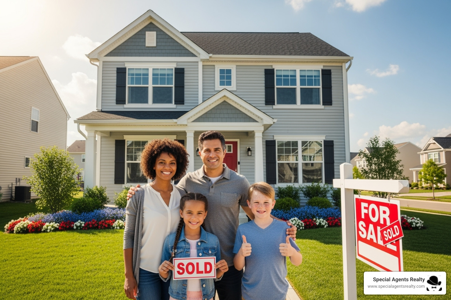 Happy family in front of their new home - buying a residential property Happy family in front of their new home - buying a residential property