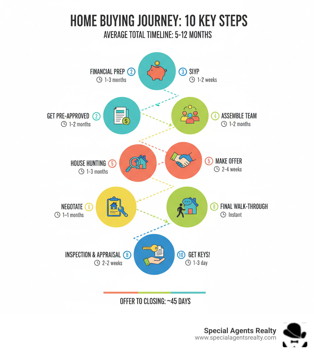 Infographic showing the 10 key steps to buying a home, from financial preparation through getting pre-approved, house hunting, making an offer, inspection and appraisal, negotiations, and closing, with average timelines for each phase - buying a residential property infographic  Infographic showing the 10 key steps to buying a home, from financial preparation through getting pre-approved, house hunting, making an offer, inspection and appraisal, negotiations, and closing, with average timelines for each phase - buying a residential property infographic