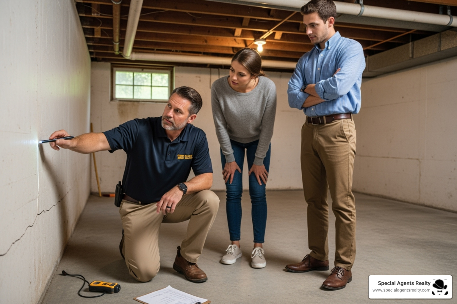 A home inspector pointing out an issue to a homebuyer - buying a residential property A home inspector pointing out an issue to a homebuyer - buying a residential property
