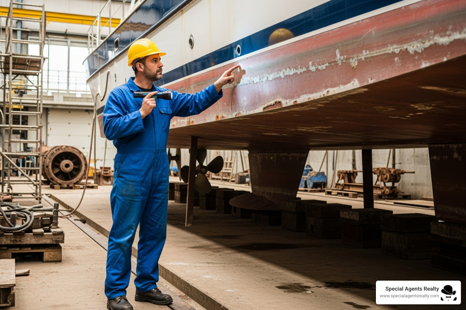 marine surveyor inspecting a steel hull - steel houseboats for sale marine surveyor inspecting a steel hull - steel houseboats for sale