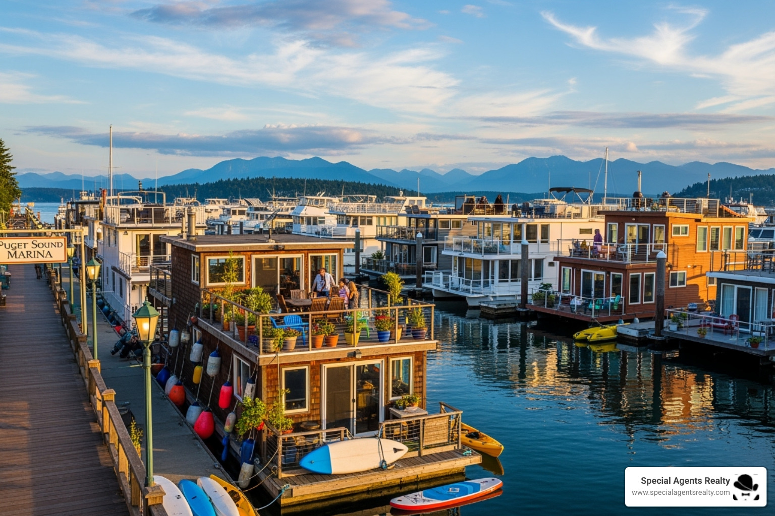 various houseboats docked at a marina in Puget Sound - steel houseboats for sale various houseboats docked at a marina in Puget Sound - steel houseboats for sale