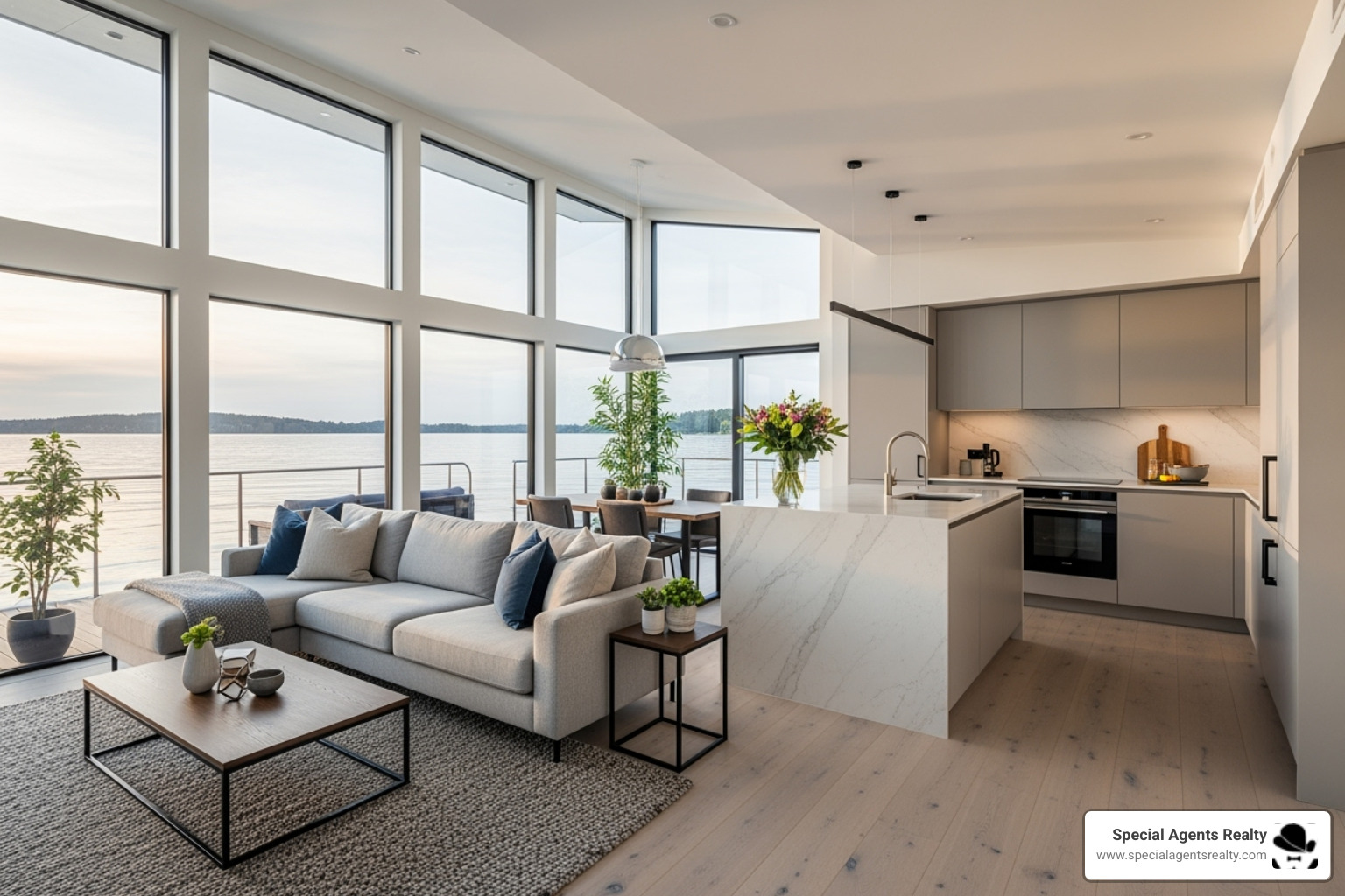 stylish, modern floating home interior with large windows overlooking the water - seattle floating homes for rent stylish, modern floating home interior with large windows overlooking the water - seattle floating homes for rent