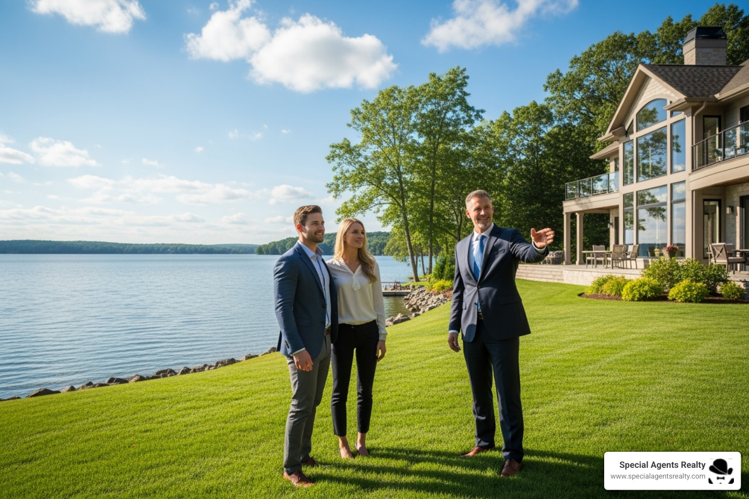 a real estate agent from Special Agents Realty showing a lakefront property to a couple - Luxury lakefront property a real estate agent from Special Agents Realty showing a lakefront property to a couple - Luxury lakefront property