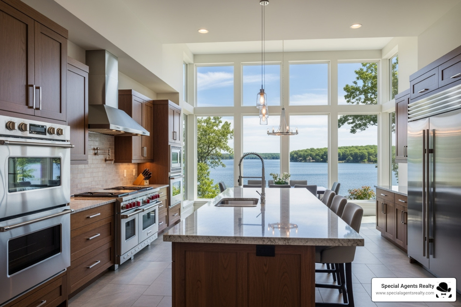 a modern chef's kitchen with a lake view - Luxury lakefront property a modern chef's kitchen with a lake view - Luxury lakefront property