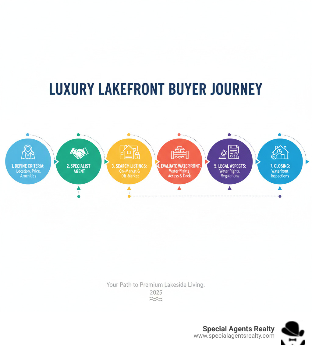 Infographic showing the complete buyer journey for luxury lakefront properties: starting with defining your criteria (location, price range, amenities), working with a specialist agent, searching on-market and off-market listings, evaluating water access and dock capabilities, understanding legal considerations like water rights and shoreline regulations, making competitive offers in premium markets, and closing with specialized inspections for waterfront systems - Luxury lakefront property infographic  Infographic showing the complete buyer journey for luxury lakefront properties: starting with defining your criteria (location, price range, amenities), working with a specialist agent, searching on-market and off-market listings, evaluating water access and dock capabilities, understanding legal considerations like water rights and shoreline regulations, making competitive offers in premium markets, and closing with specialized inspections for waterfront systems - Luxury lakefront property infographic