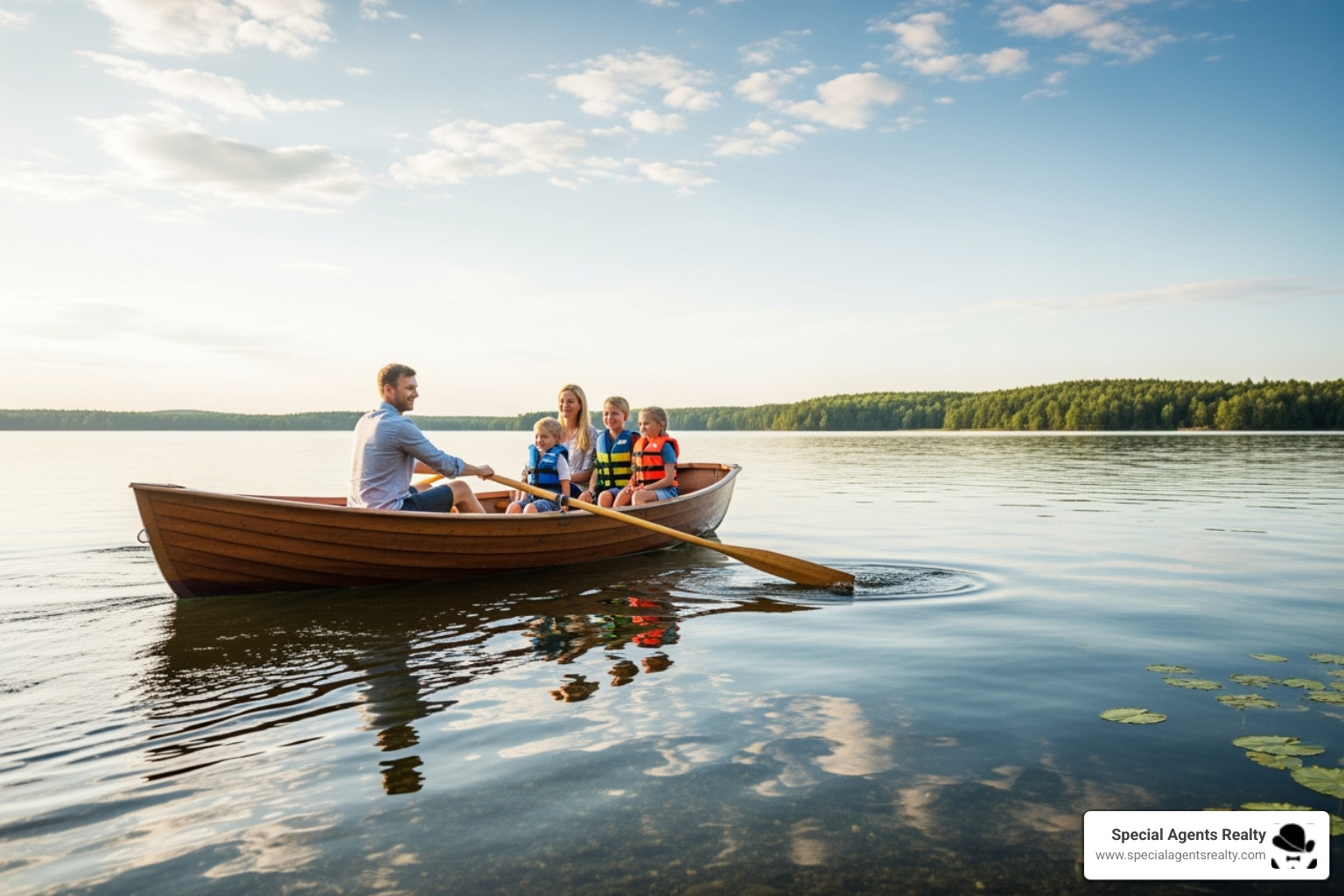 a family enjoying boating on a calm lake - Luxury lakefront property a family enjoying boating on a calm lake - Luxury lakefront property