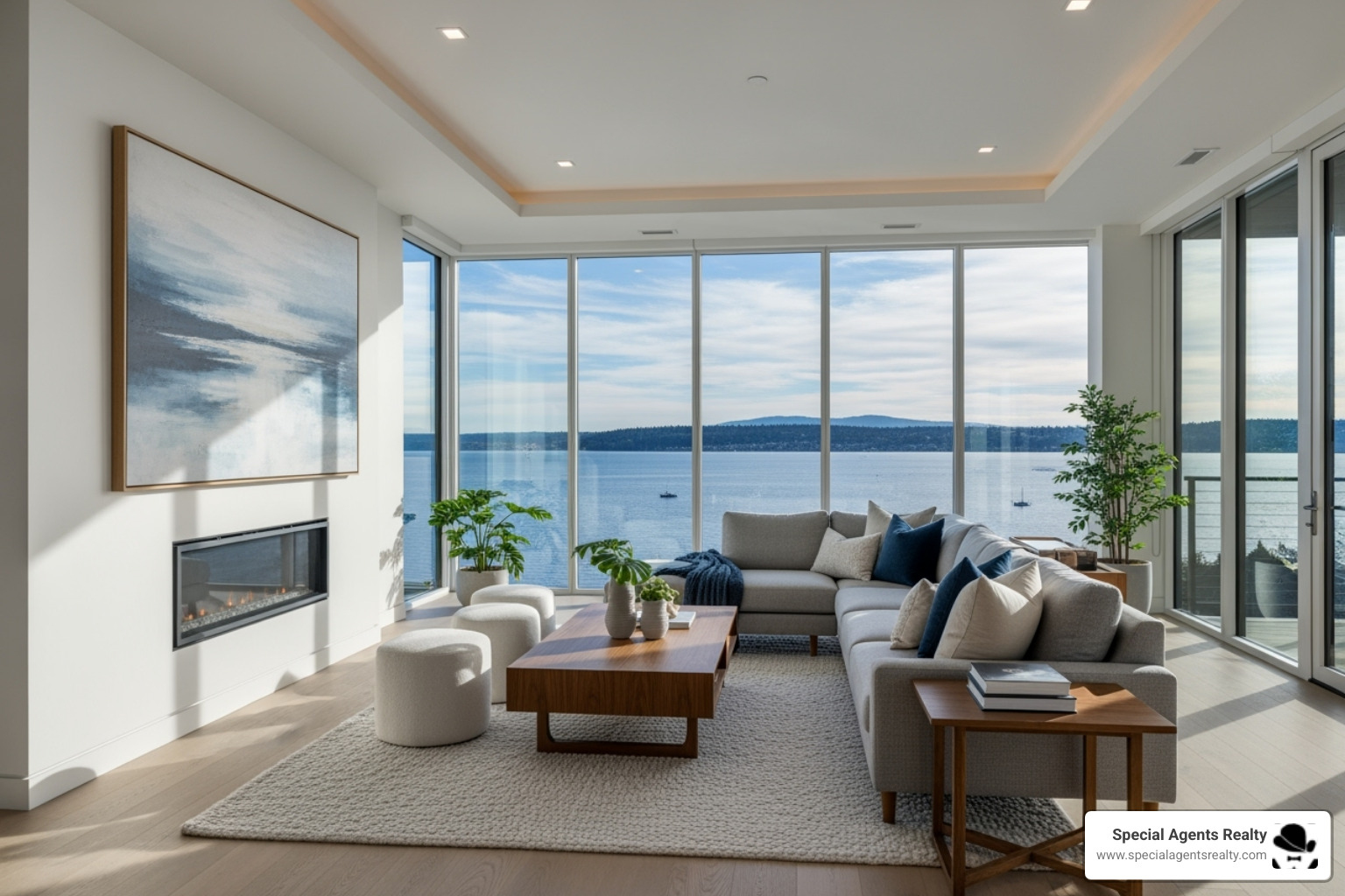 Modern, open-concept living room with floor-to-ceiling windows overlooking Lake Washington - luxury houses in seattle wa Modern, open-concept living room with floor-to-ceiling windows overlooking Lake Washington - luxury houses in seattle wa