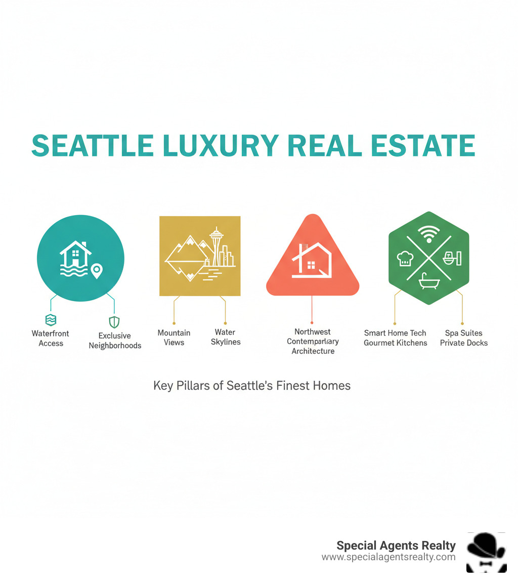 Infographic showing the four key pillars of Seattle luxury real estate: Prime Location featuring waterfront access and exclusive neighborhoods; Breathtaking Views including mountain, water, and city skylines; Exquisite Design with Northwest Contemporary and modern architecture; World-Class Amenities featuring smart home technology, gourmet kitchens, spa suites, and private docks - luxury houses in seattle wa infographic Infographic showing the four key pillars of Seattle luxury real estate: Prime Location featuring waterfront access and exclusive neighborhoods; Breathtaking Views including mountain, water, and city skylines; Exquisite Design with Northwest Contemporary and modern architecture; World-Class Amenities featuring smart home technology, gourmet kitchens, spa suites, and private docks - luxury houses in seattle wa infographic