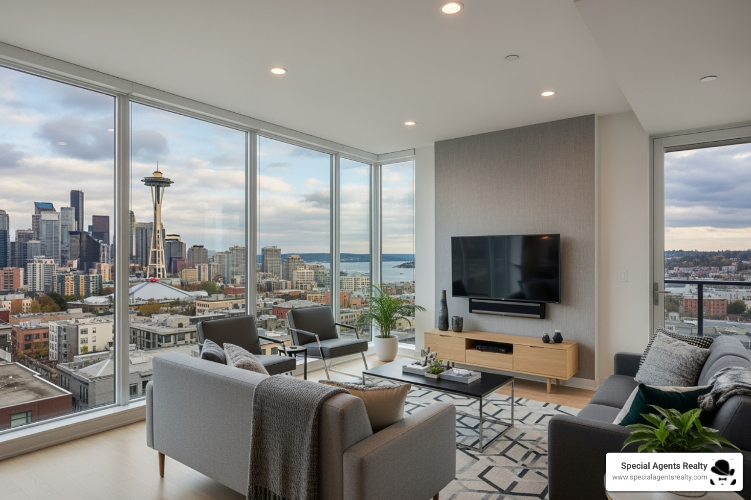 Modern Queen Anne condo interior with large windows and city view - homes for sale queen anne hill seattle wa Modern Queen Anne condo interior with large windows and city view - homes for sale queen anne hill seattle wa