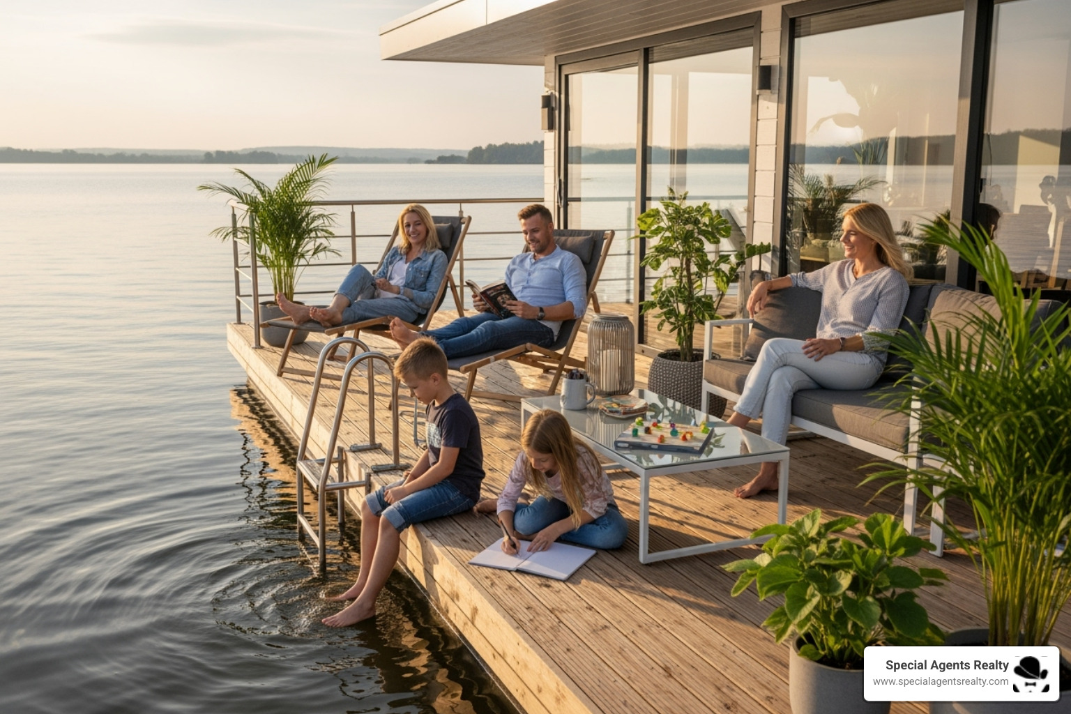 family enjoying the deck of their floating home - floating home financing Seattle family enjoying the deck of their floating home - floating home financing Seattle