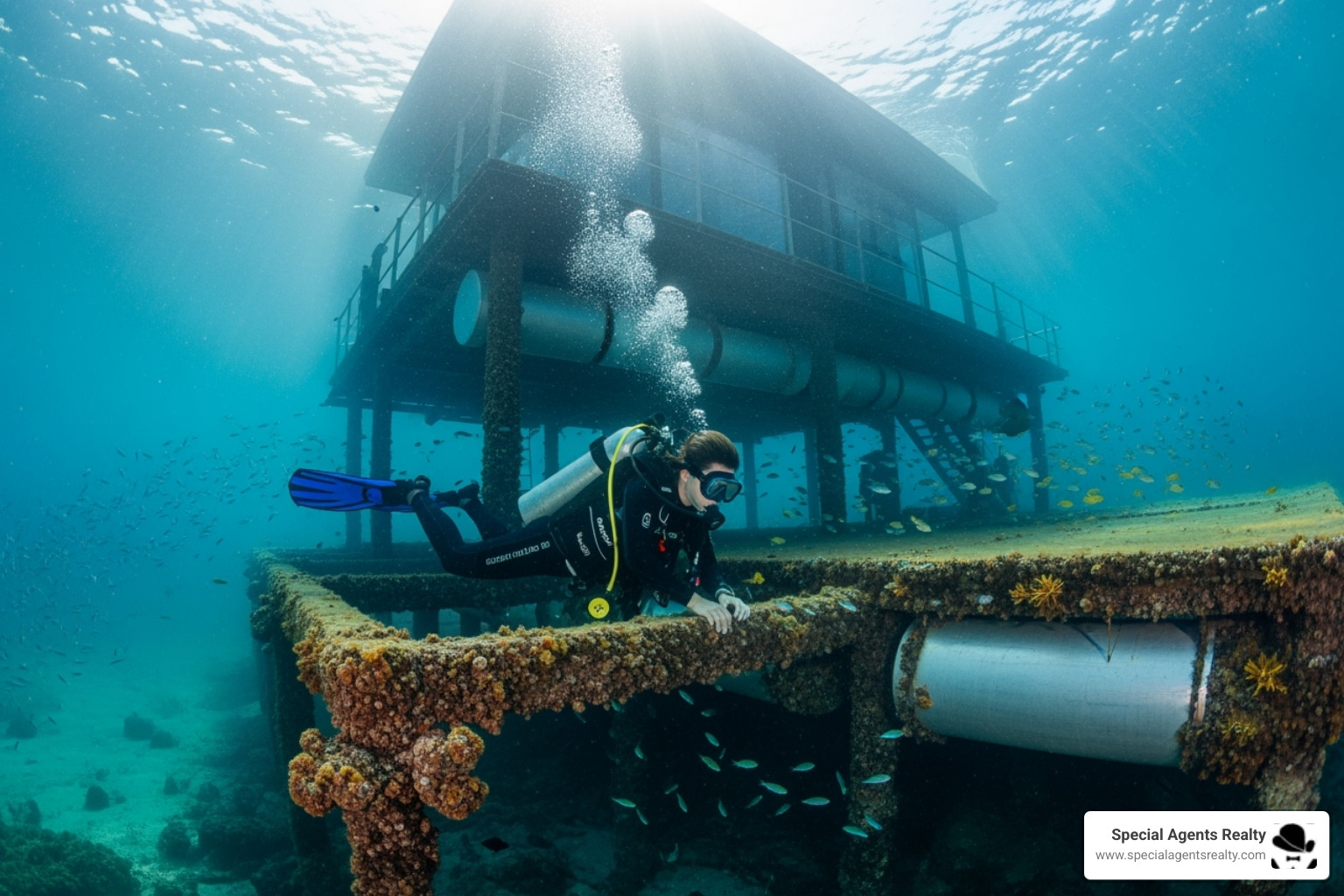 diver inspecting a floating home's foundation - floating home financing Seattle diver inspecting a floating home's foundation - floating home financing Seattle