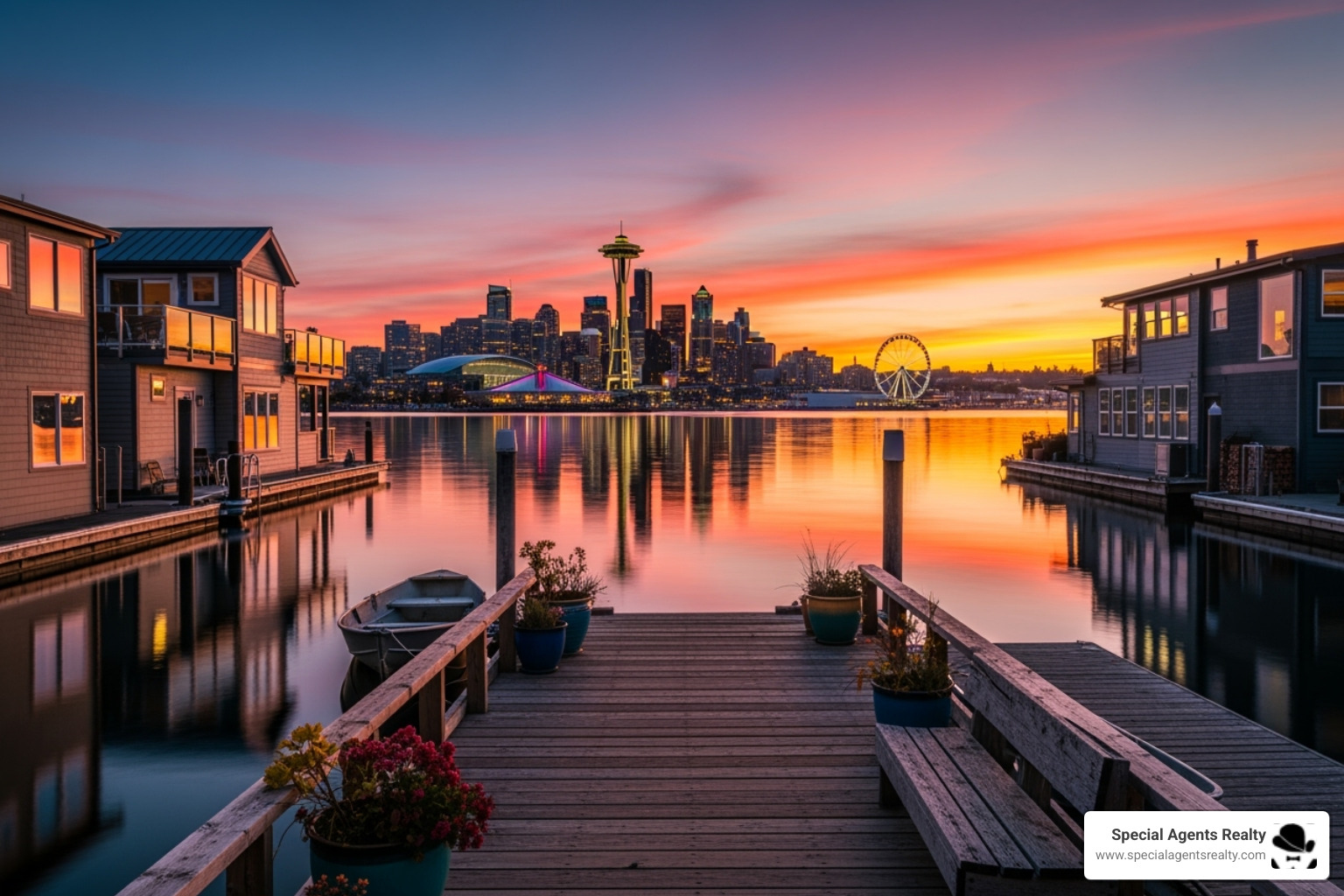 Seattle skyline from a floating home dock - floating home financing Seattle Seattle skyline from a floating home dock - floating home financing Seattle