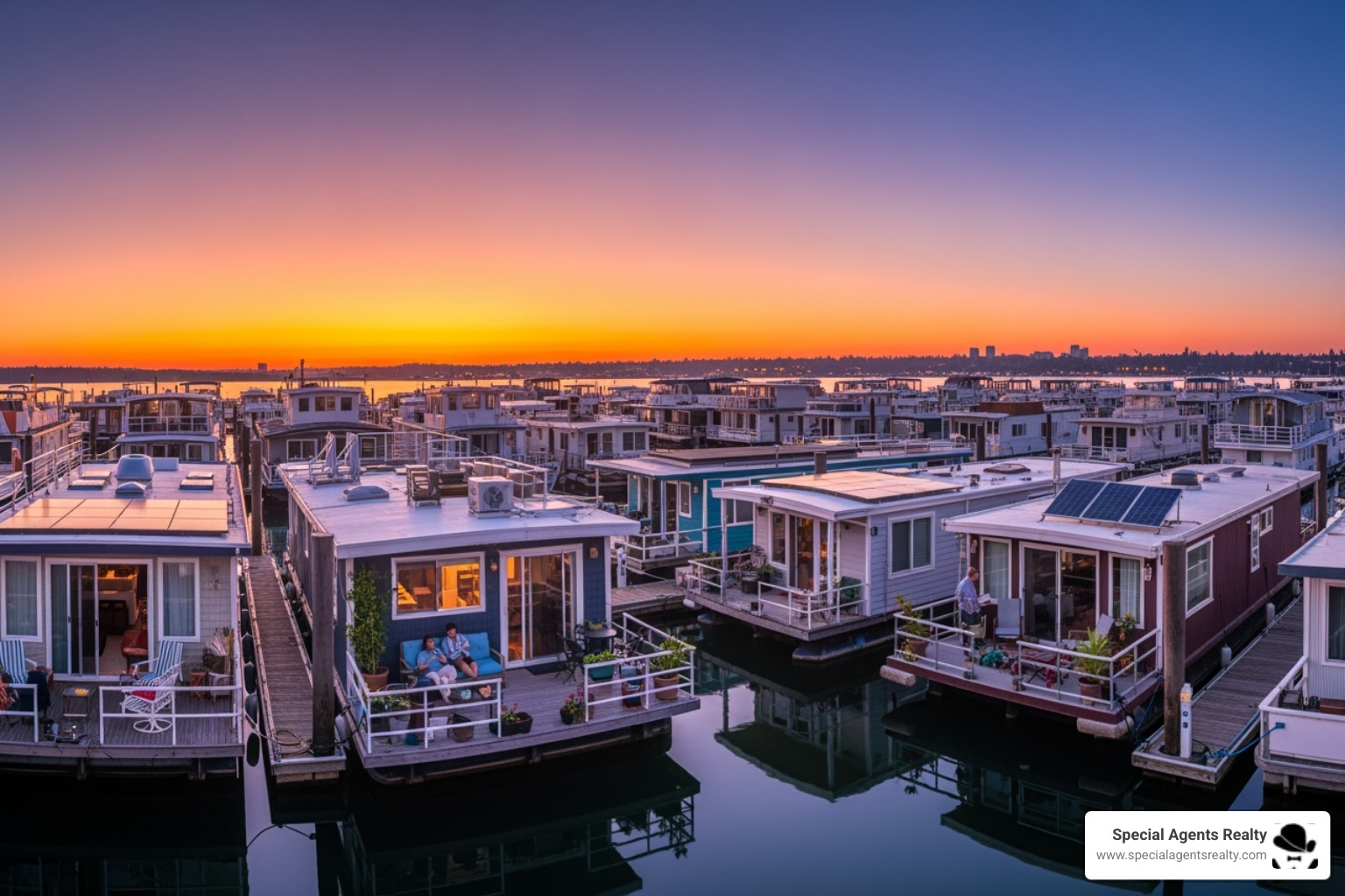 marina with various houseboats docked - Buying a houseboat
