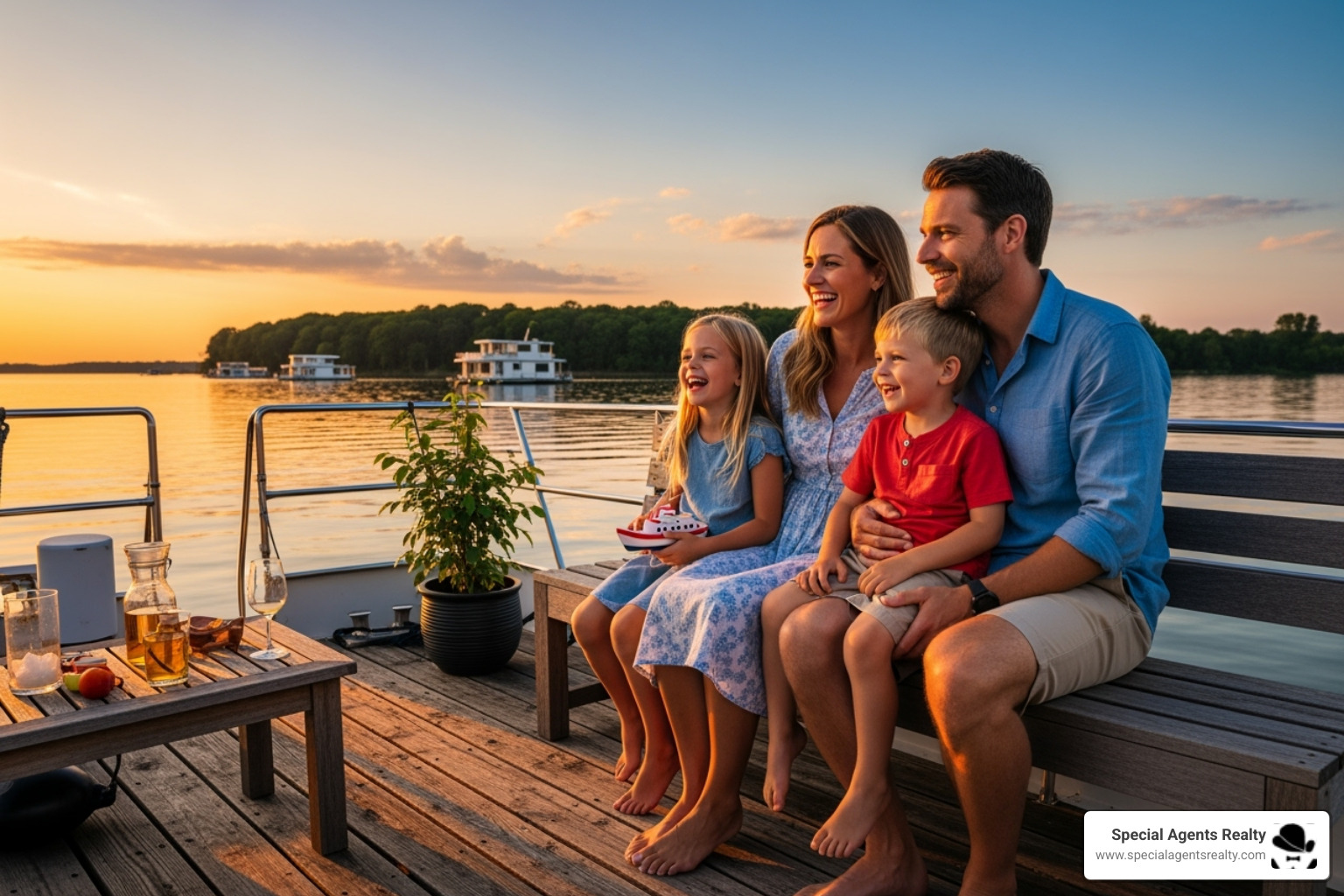 happy family on the deck of their houseboat at sunset - Buying a houseboat