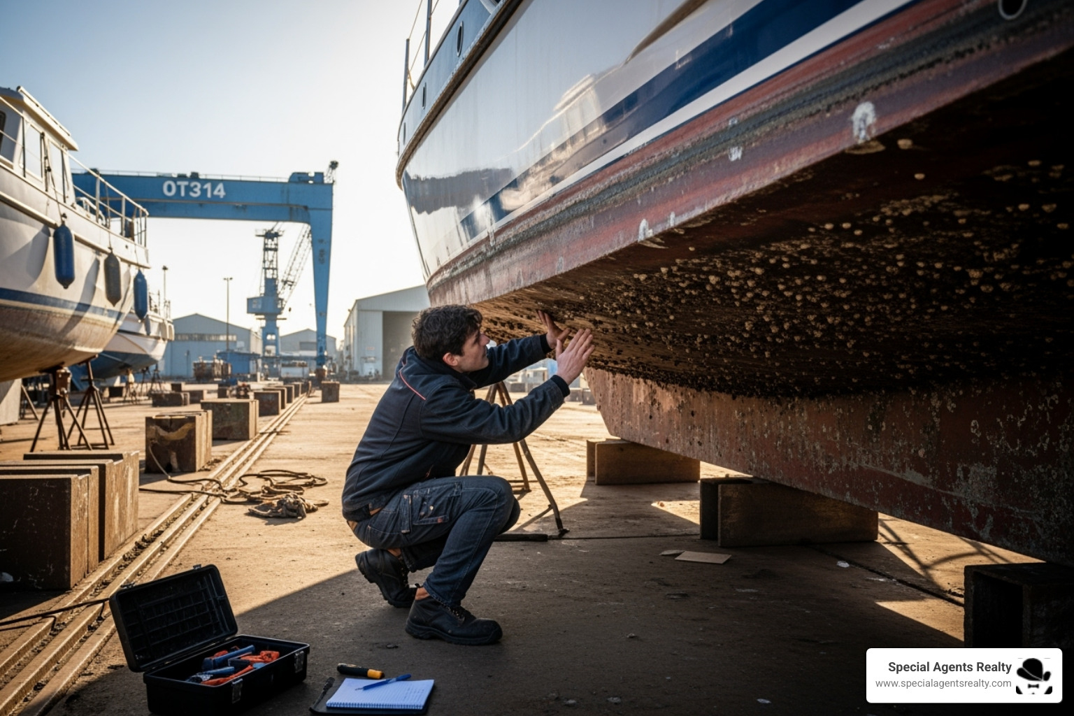 person inspecting a houseboat's hull - Buying a houseboat