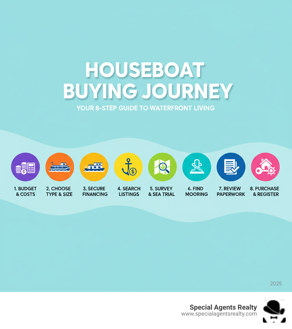 Infographic showing the complete houseboat buying process: 1. Determine your budget including purchase price and monthly costs, 2. Choose houseboat type (pontoon, barge, custom) and size, 3. Secure financing through marine lenders, 4. Search listings via brokers and online marketplaces, 5. Arrange marine survey and sea trial, 6. Find and secure mooring or slip, 7. Review all paperwork and regulations, 8. Complete purchase and registration - Buying a houseboat infographic 