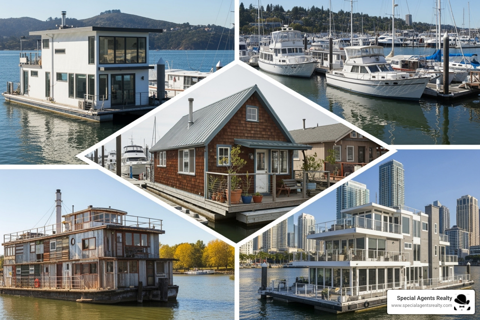 collage of floating home styles - affordable floating homes