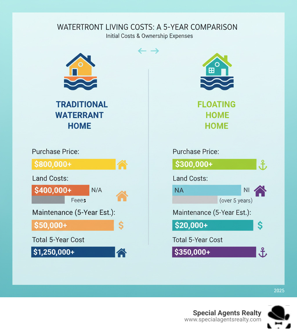 infographic comparing initial costs of traditional waterfront home versus floating home, showing purchase price, land costs, mooring fees, maintenance expenses, and total 5-year cost of ownership - affordable floating homes infographic 