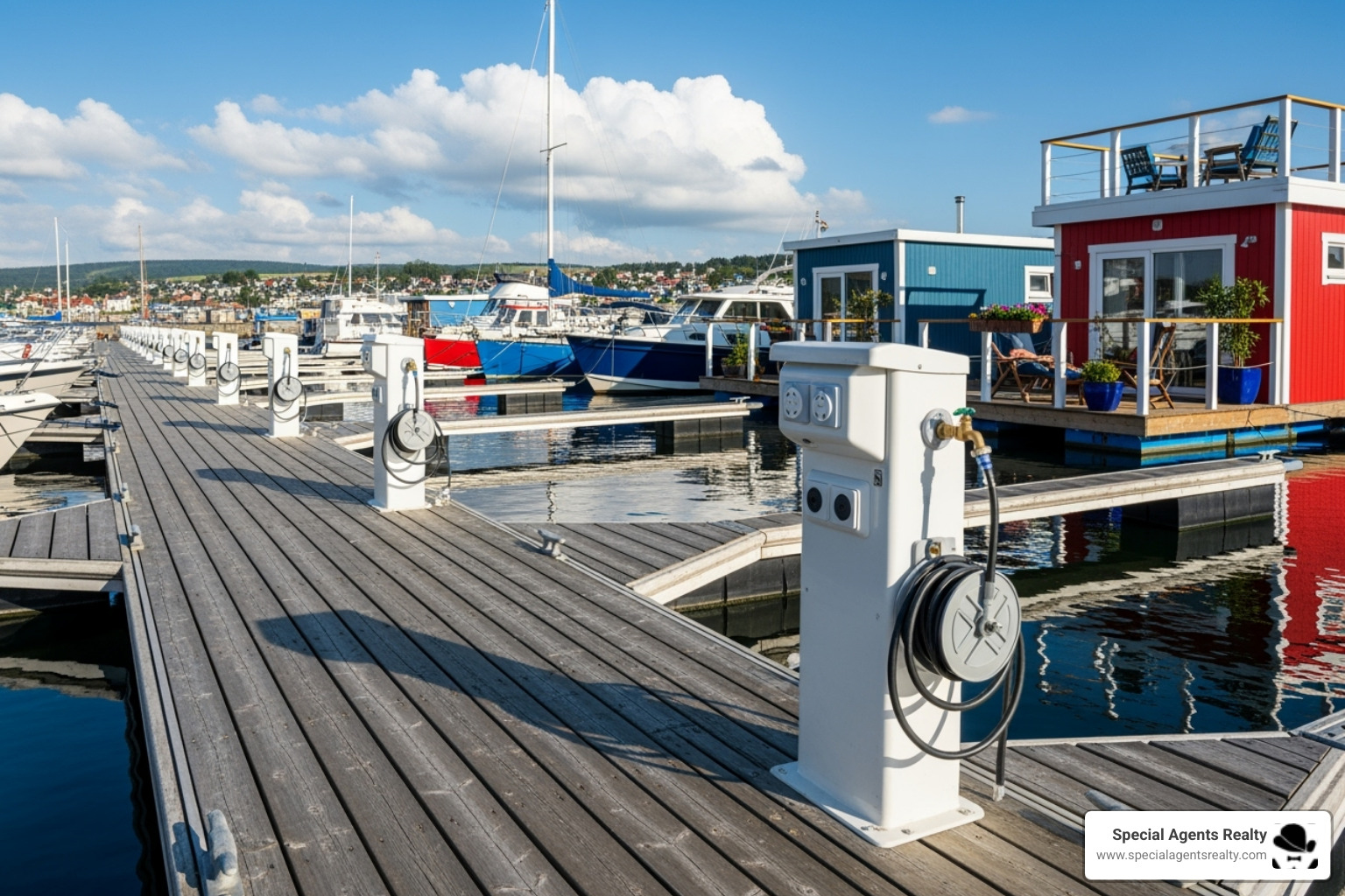 marina dock with utility hookups - affordable floating homes