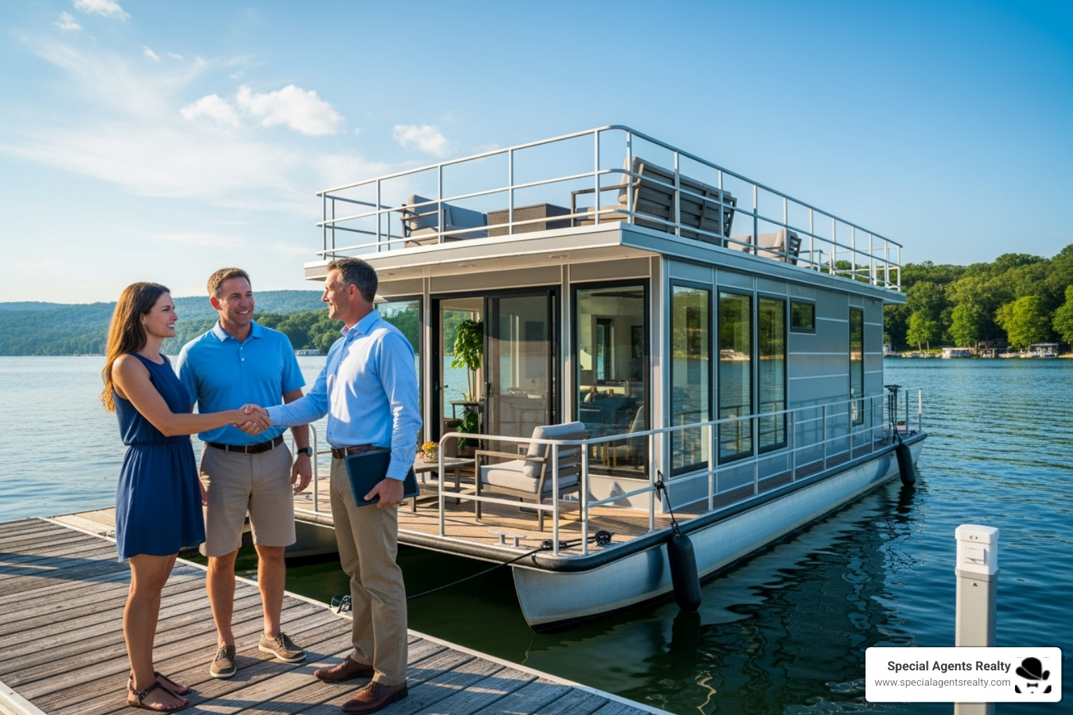 Couple shaking hands with a real estate agent on the dock in front of a houseboat - 50 ft houseboat for sale