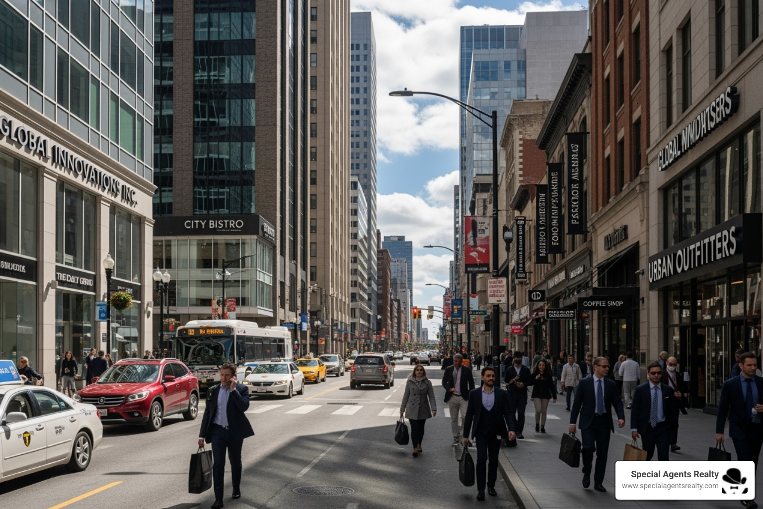 Busy Alaska Junction business district - West Seattle houses
