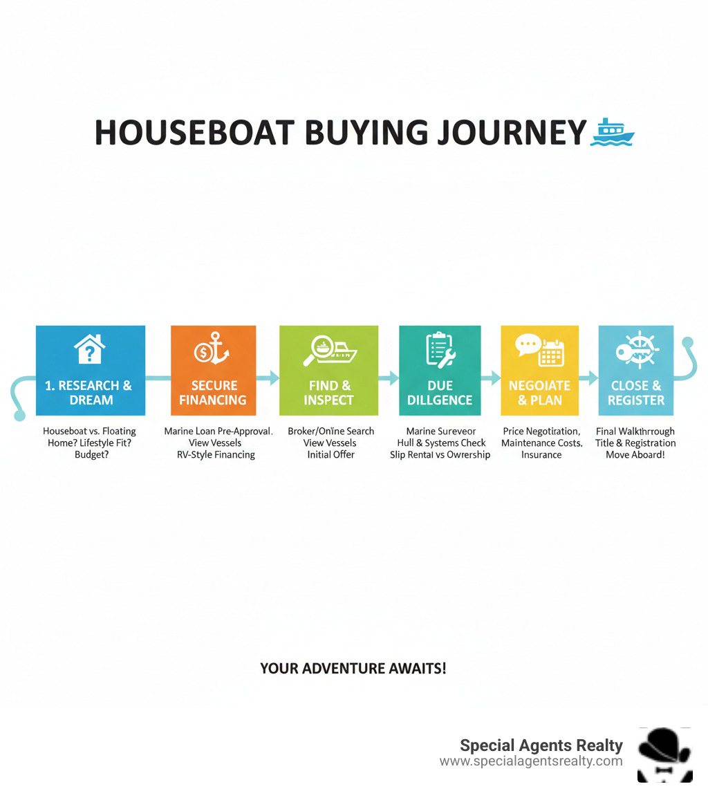 Infographic showing the complete houseboat buying process from initial research through closing, including steps for determining houseboat vs floating home, getting pre-approved for marine financing, finding and inspecting vessels, understanding slip rental vs ownership, hiring a marine surveyor, negotiating purchase price, understanding ongoing costs like mooring fees and maintenance, and finalizing title and registration - buying a houseboat tips infographic Infographic showing the complete houseboat buying process from initial research through closing, including steps for determining houseboat vs floating home, getting pre-approved for marine financing, finding and inspecting vessels, understanding slip rental vs ownership, hiring a marine surveyor, negotiating purchase price, understanding ongoing costs like mooring fees and maintenance, and finalizing title and registration - buying a houseboat tips infographic