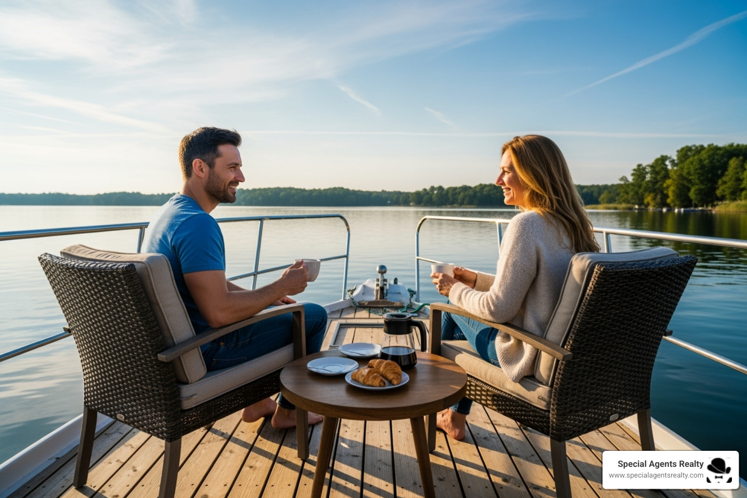 couple enjoying coffee on the deck of their houseboat - buying a houseboat tips couple enjoying coffee on the deck of their houseboat - buying a houseboat tips