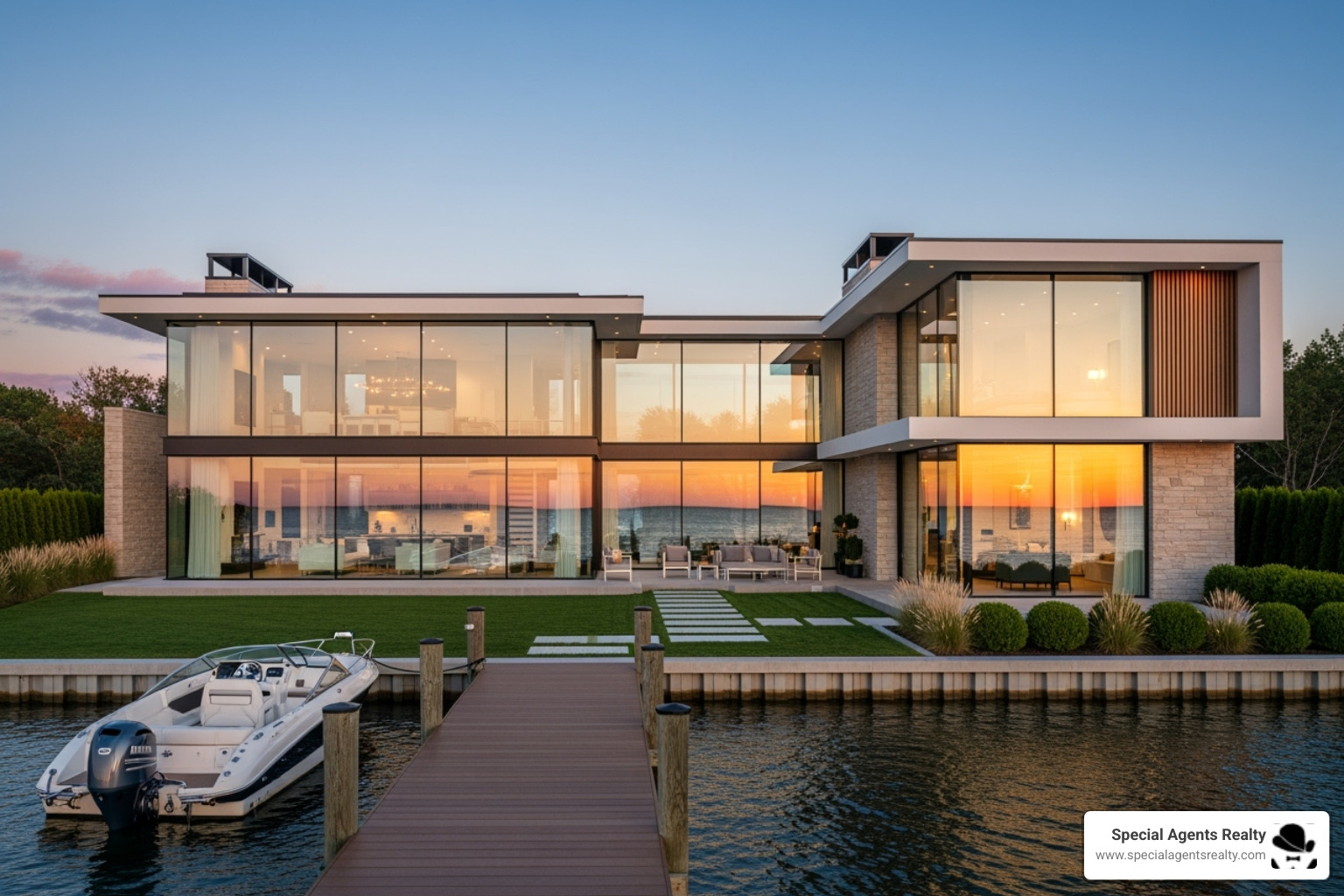 A modern waterfront home with large glass windows and a private dock - Lake Washington waterfront homes A modern waterfront home with large glass windows and a private dock - Lake Washington waterfront homes