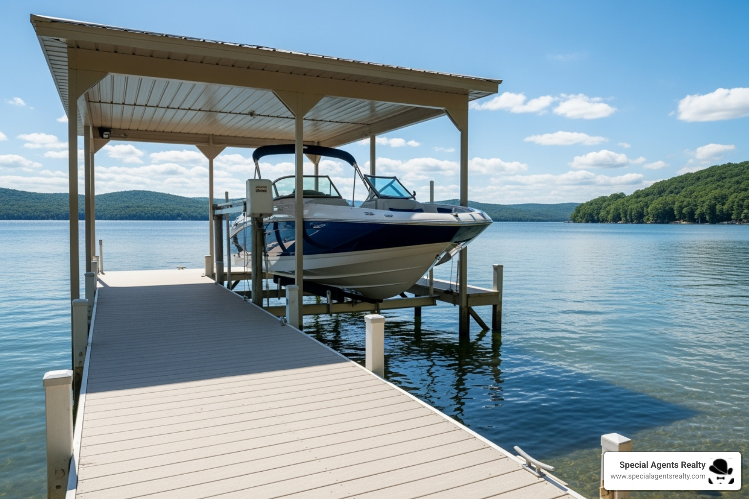 A well-maintained private dock with a boat lift - Lake Washington waterfront homes A well-maintained private dock with a boat lift - Lake Washington waterfront homes