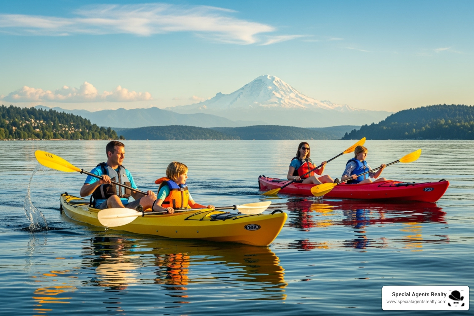 A family kayaking on Lake Washington with Mount Rainier in the distance - Lake Washington waterfront homes A family kayaking on Lake Washington with Mount Rainier in the distance - Lake Washington waterfront homes