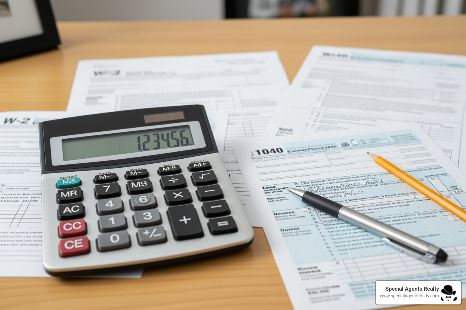 A calculator and tax forms on a desk - sell residential property