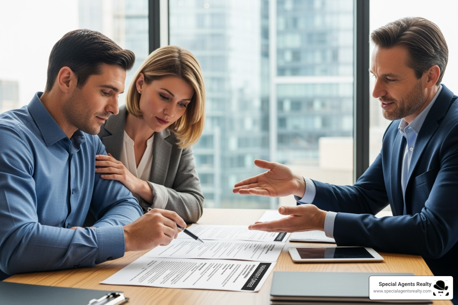 A couple reviewing a purchase offer document with their real estate agent - sell residential property