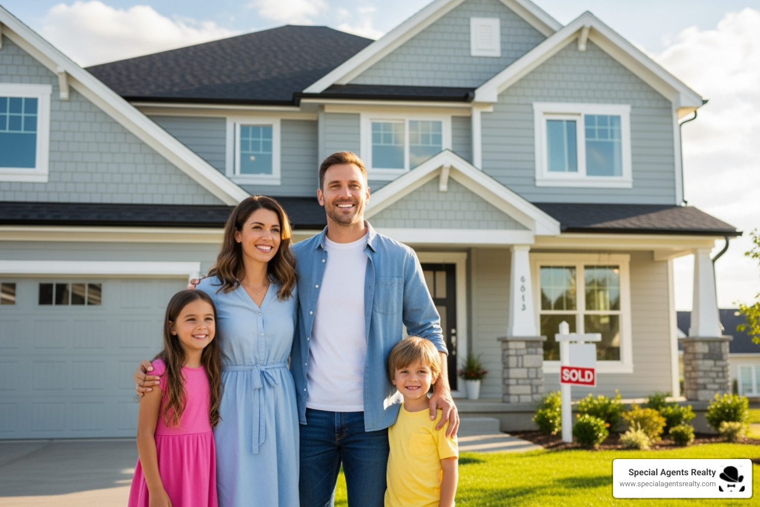 family smiling in front of new home - washington homes
