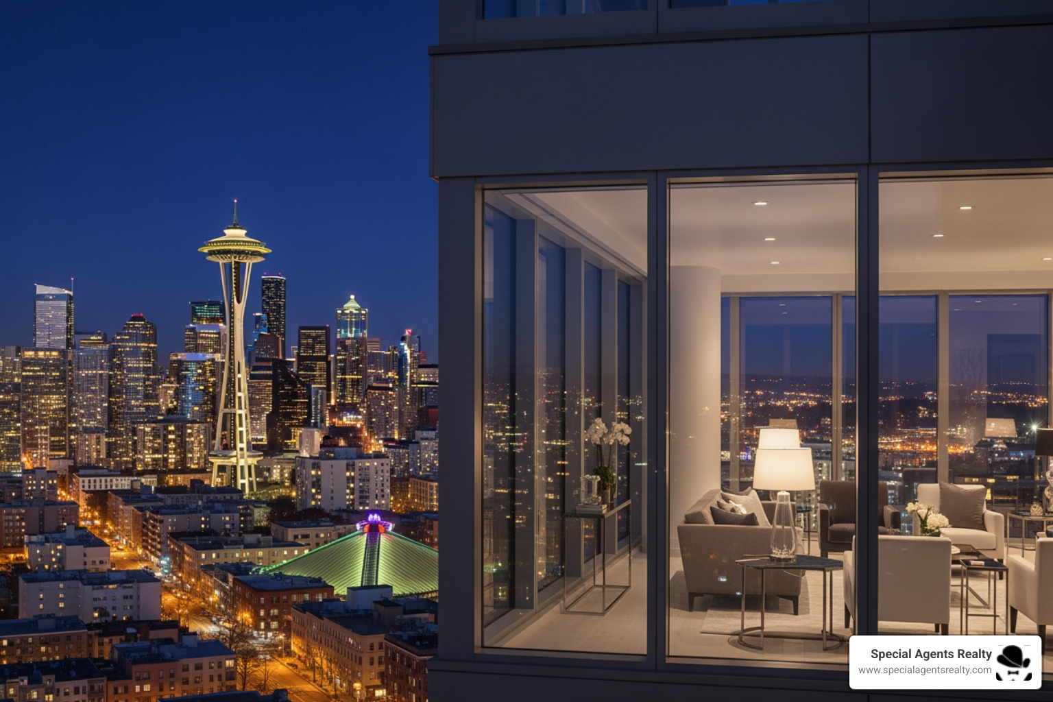 Ultra-luxurious Seattle penthouse view at night, overlooking the city skyline - million dollar homes in seattle wa Ultra-luxurious Seattle penthouse view at night, overlooking the city skyline - million dollar homes in seattle wa