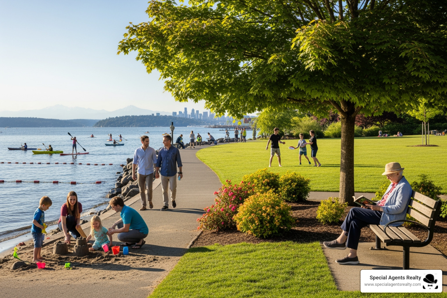 people enjoying a sunny day at Houghton Beach Park in Kirkland, WA - condos for sale in houghton wa