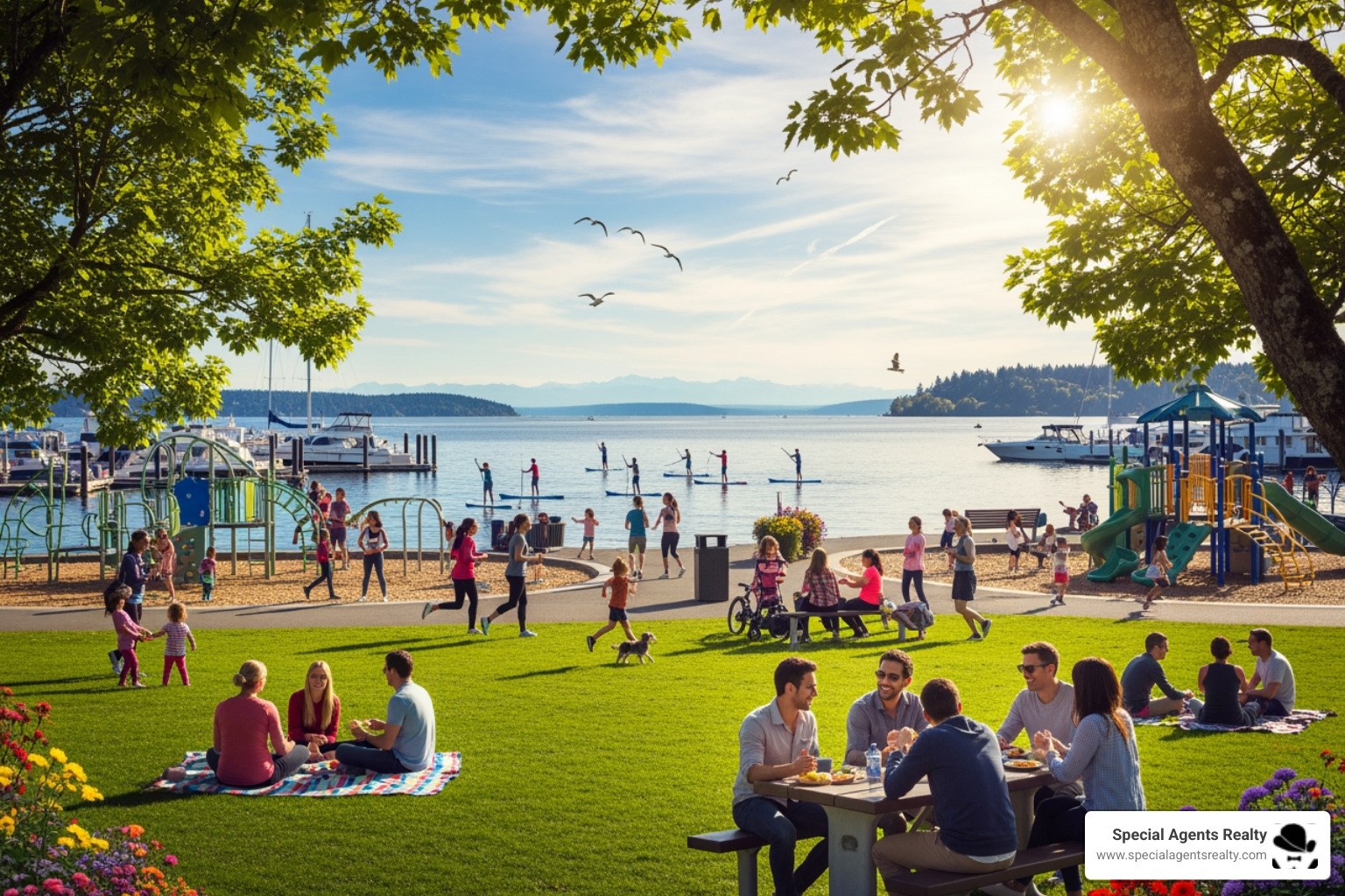 People enjoying a sunny day at Kirkland's waterfront park with paddleboarders on Lake Washington - condos for sale in houghton wa