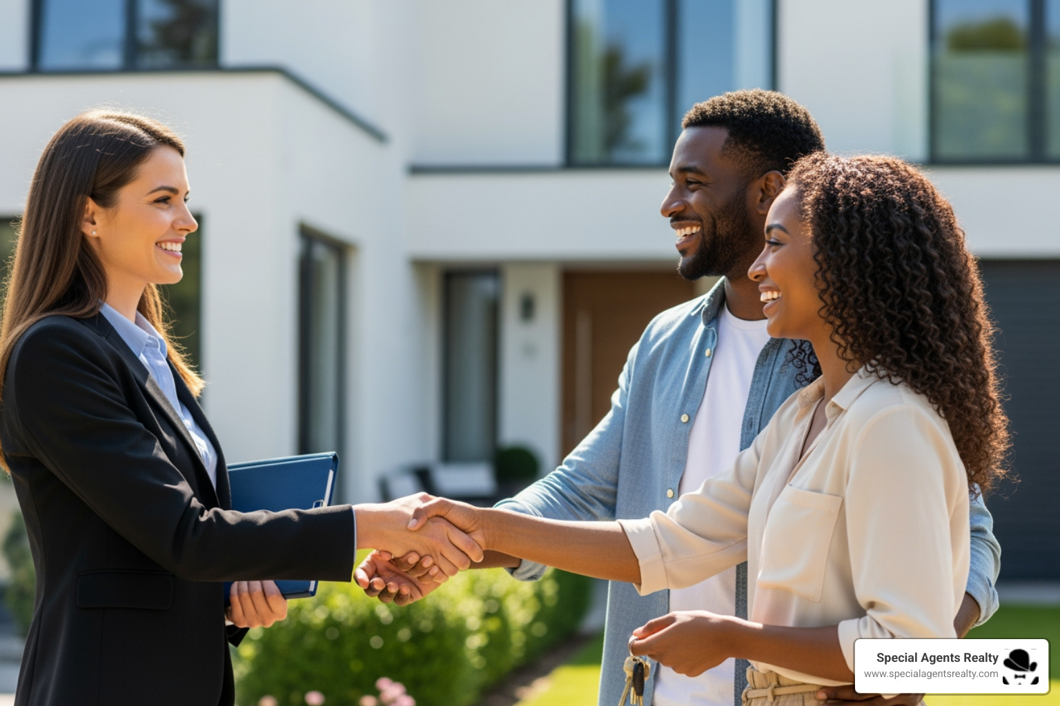 realtor warmly shaking hands with a happy couple - trusted realtor in interbay wa