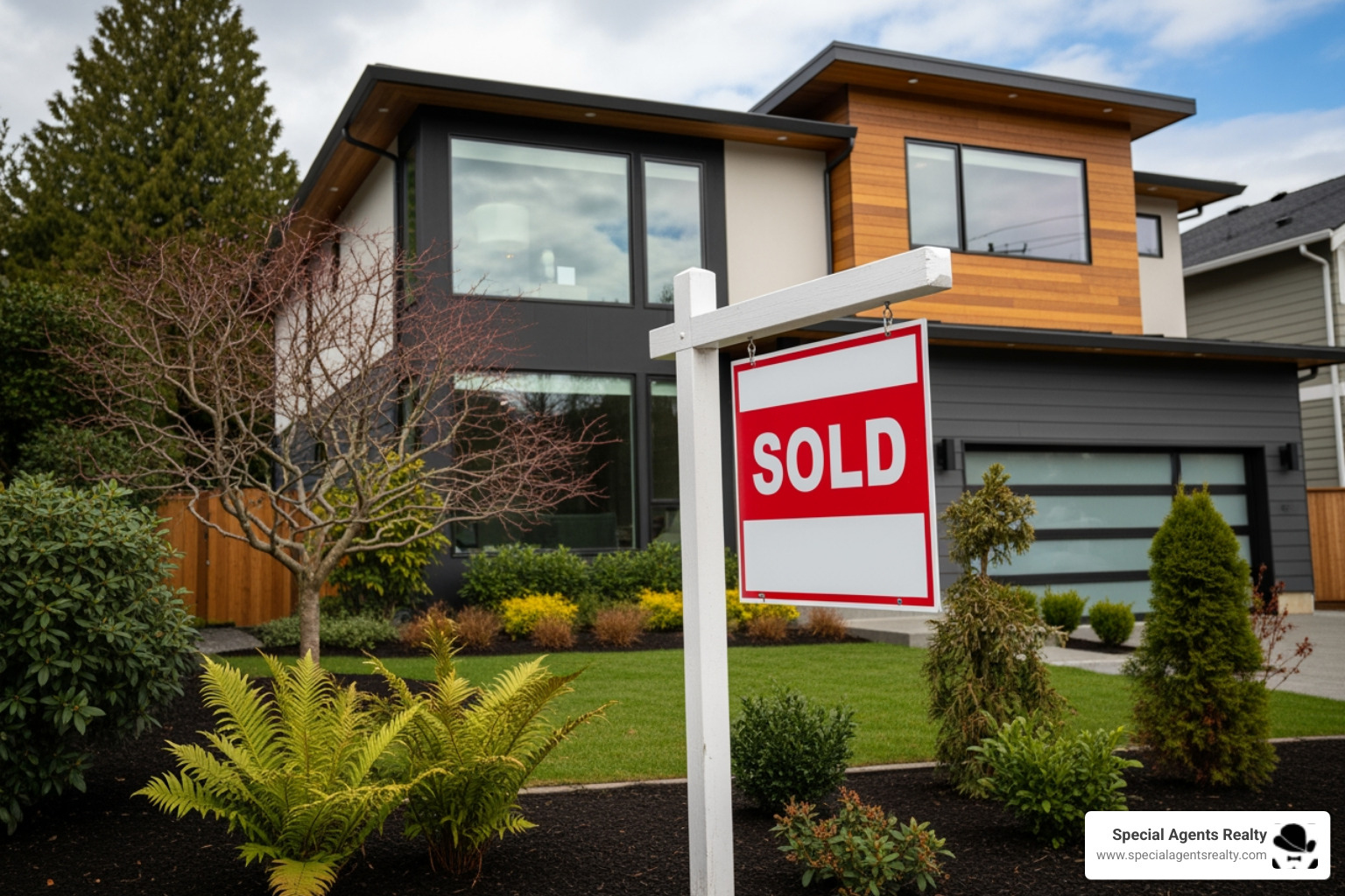 'Sold' sign in front of a modern Seattle home - trusted realtor in interbay wa