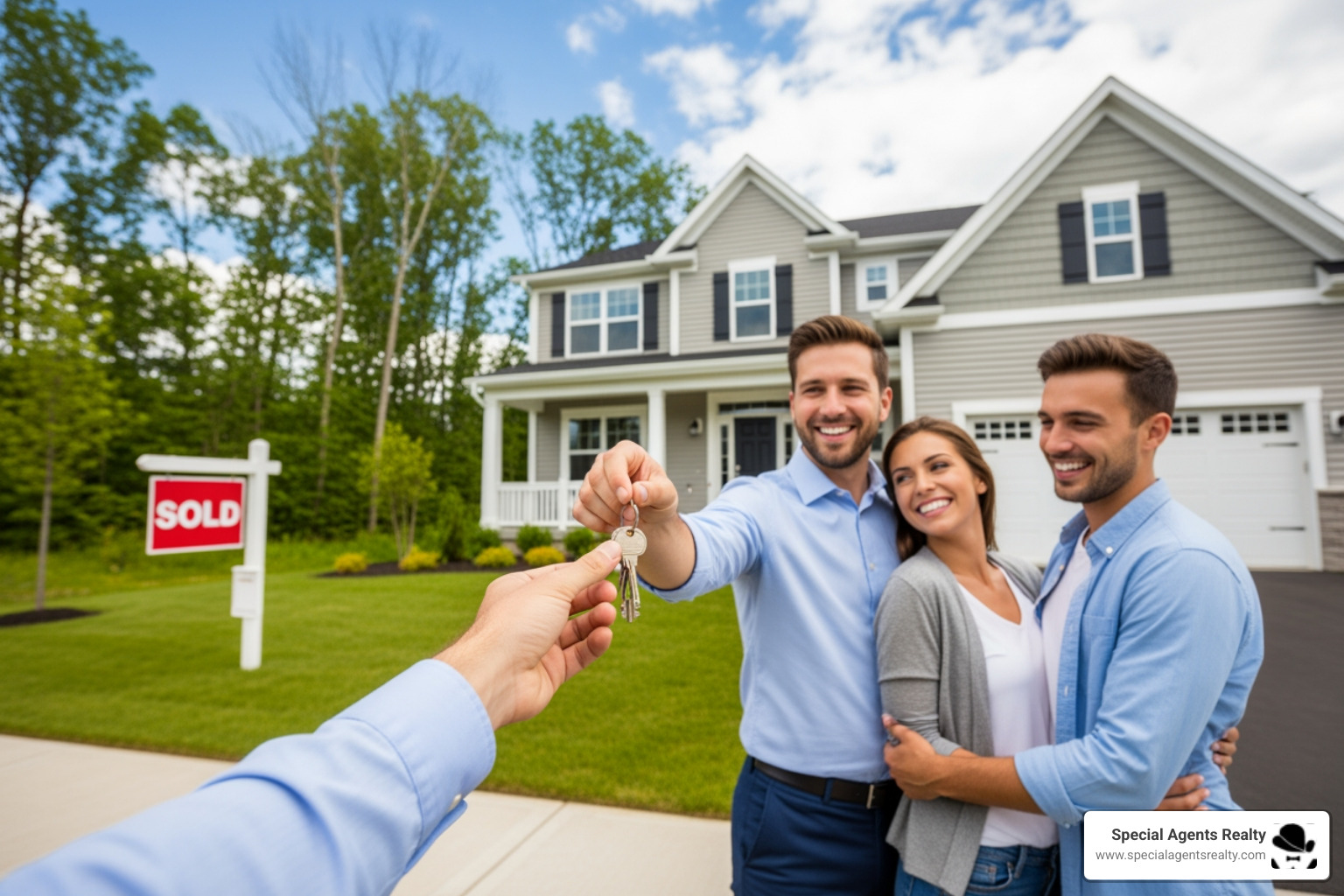 A real estate agent hands keys to a happy couple in front of a home - best real estate agent in capitol hill wa
