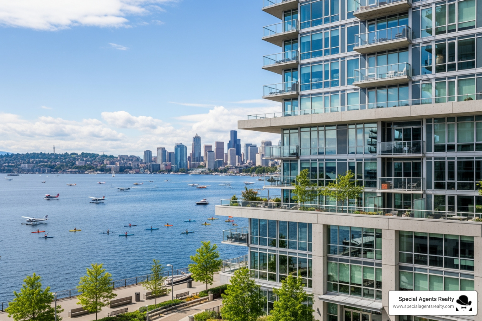 Modern condo building with water views in South Lake Union - best real estate agent in lake union wa