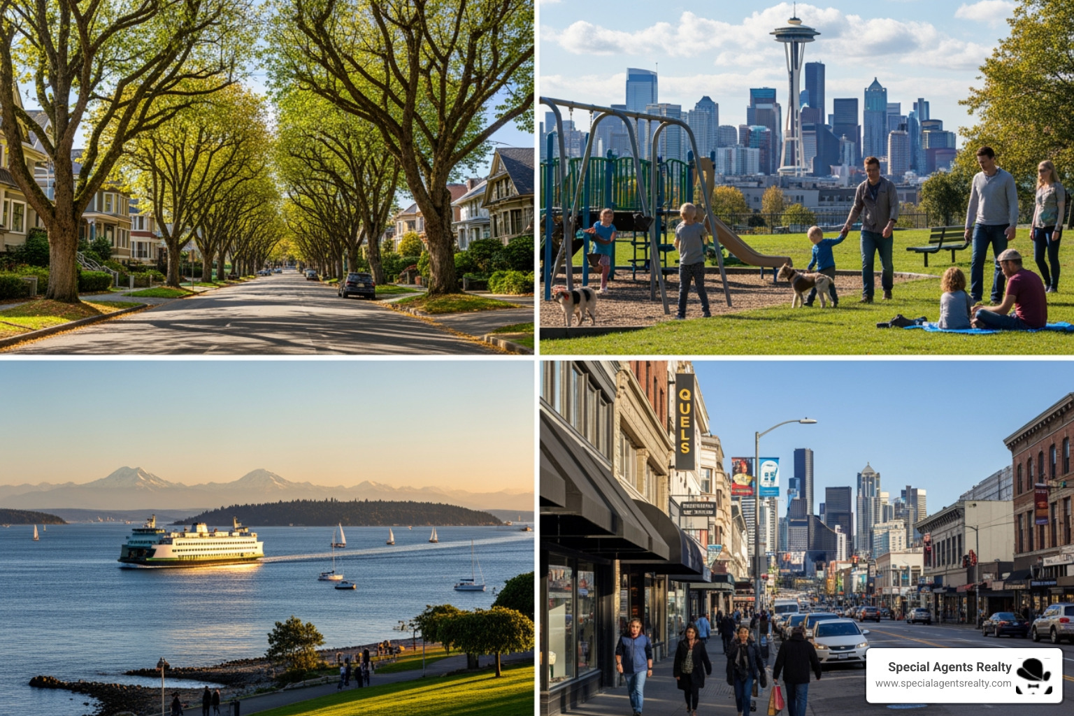 Infographic showing Queen Anne sub-neighborhoods: North Queen Anne with family-friendly parks and residential streets; West Queen Anne with waterfront views and Magnolia proximity; East Queen Anne with Seattle Center access and urban amenities; South Queen Anne with downtown skyline views and quick commutes; includes icons for views (Olympics, Cascades, Puget Sound, Lake Union, Space Needle, Mt. Rainier), commute times (5-10 minutes to downtown), and local highlights (Kerry Park, coffee shops, eateries, cultural attractions) - top realtor in queen anne wa
