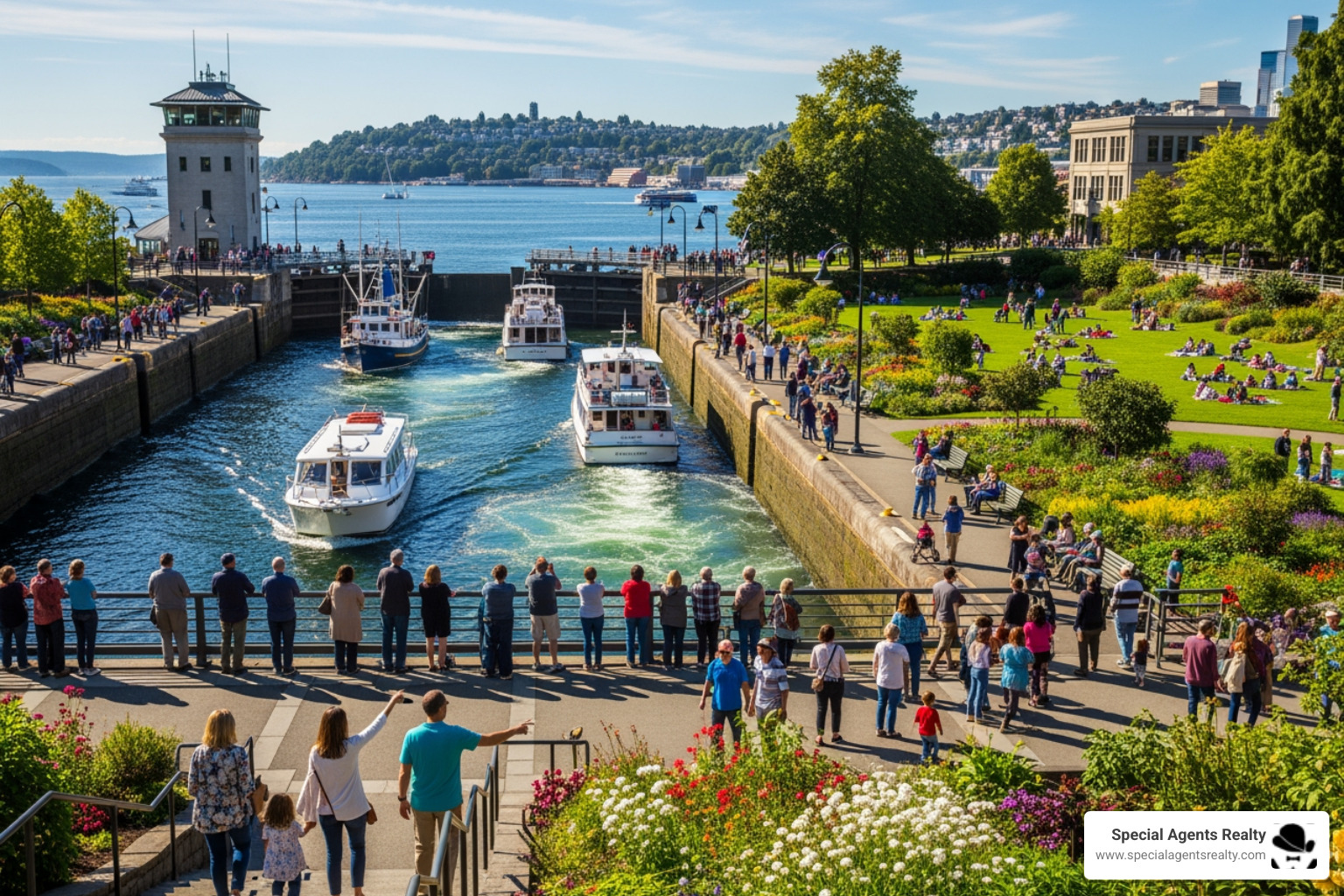 People enjoying a sunny day at the Ballard Locks in Seattle - new listings in ballard wa People enjoying a sunny day at the Ballard Locks in Seattle - new listings in ballard wa