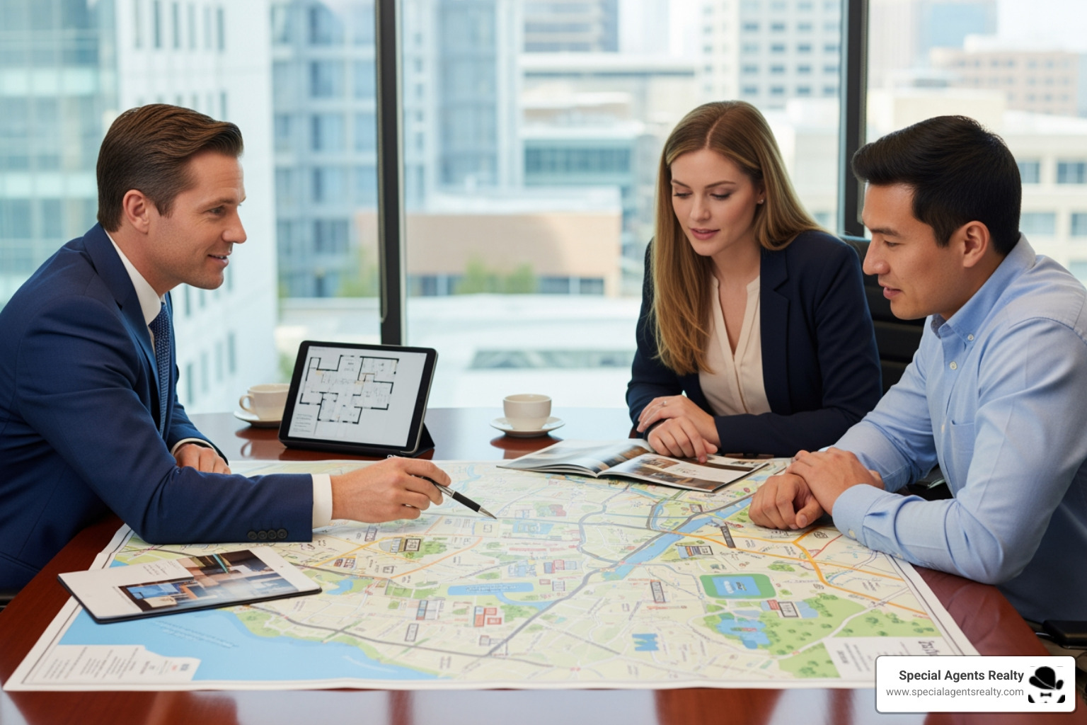 real estate agent consulting with clients over a map of Interbay - best realtor near me in interbay wa real estate agent consulting with clients over a map of Interbay - best realtor near me in interbay wa