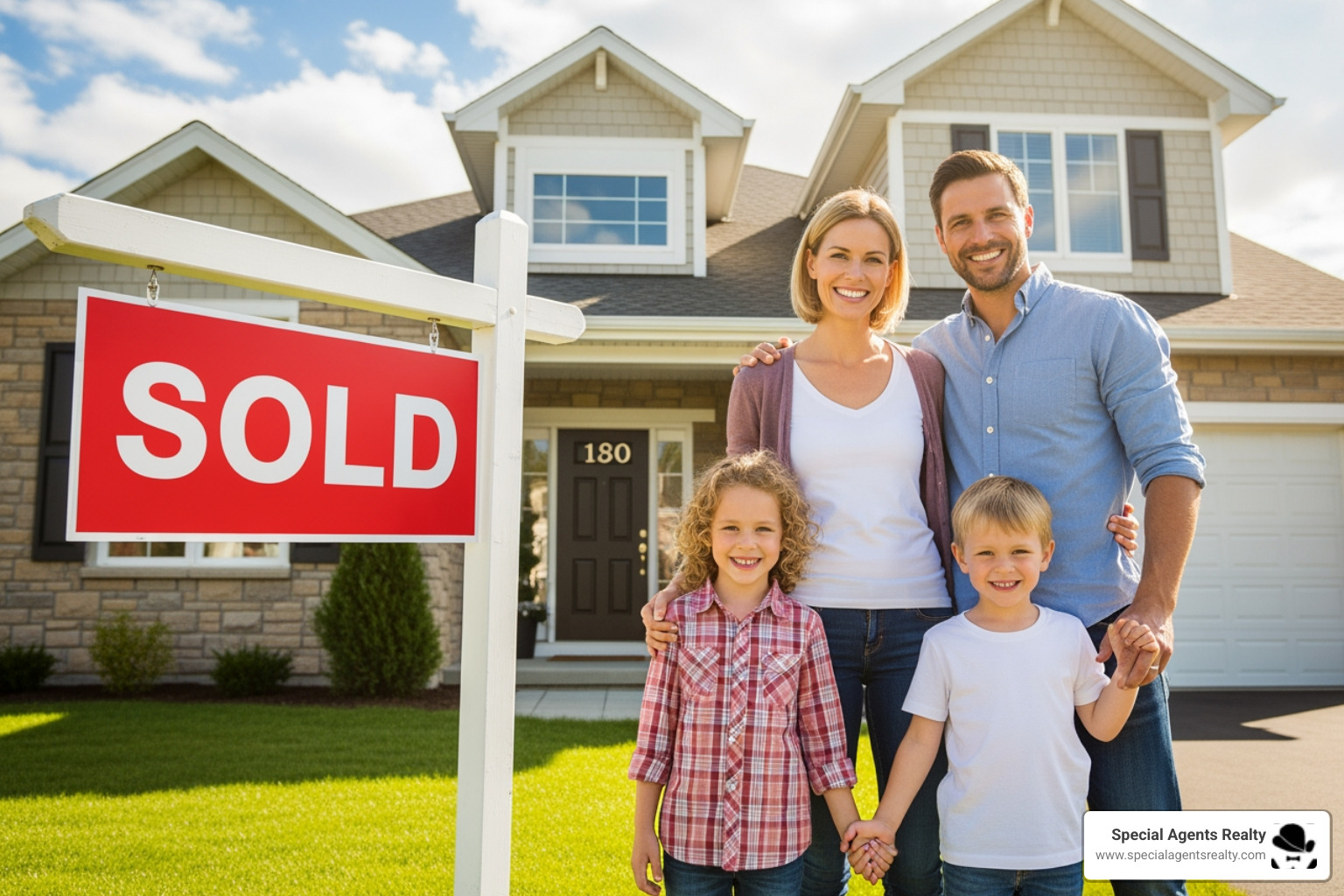 happy family with a "Sold" sign in front of a home in Interbay - best realtor near me in interbay wa happy family with a "Sold" sign in front of a home in Interbay - best realtor near me in interbay wa
