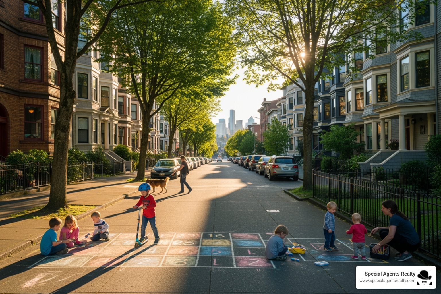 A scenic, family-friendly street in Capitol Hill, WA, with children playing - upsizing realtor in capitol hill wa