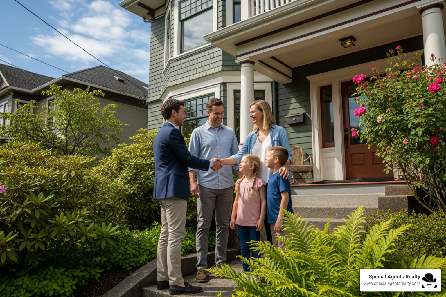A professional realtor shaking hands with a happy family in front of a charming Capitol Hill home - upsizing realtor in capitol hill wa