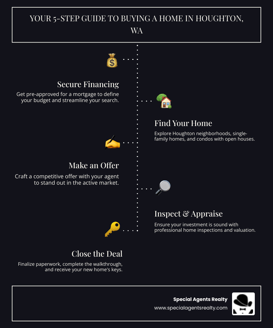 Step-by-step infographic showing the five key stages of buying a home in Houghton WA: 1) Get pre-approved for a mortgage and determine your budget, 2) Search for properties in Houghton neighborhoods and attend open houses, 3) Make a competitive offer with guidance from your agent, 4) Complete home inspections and appraisal, 5) Close the deal with final walkthrough and paperwork - buy a home in houghton wa infographic infographic-line-5-steps-dark