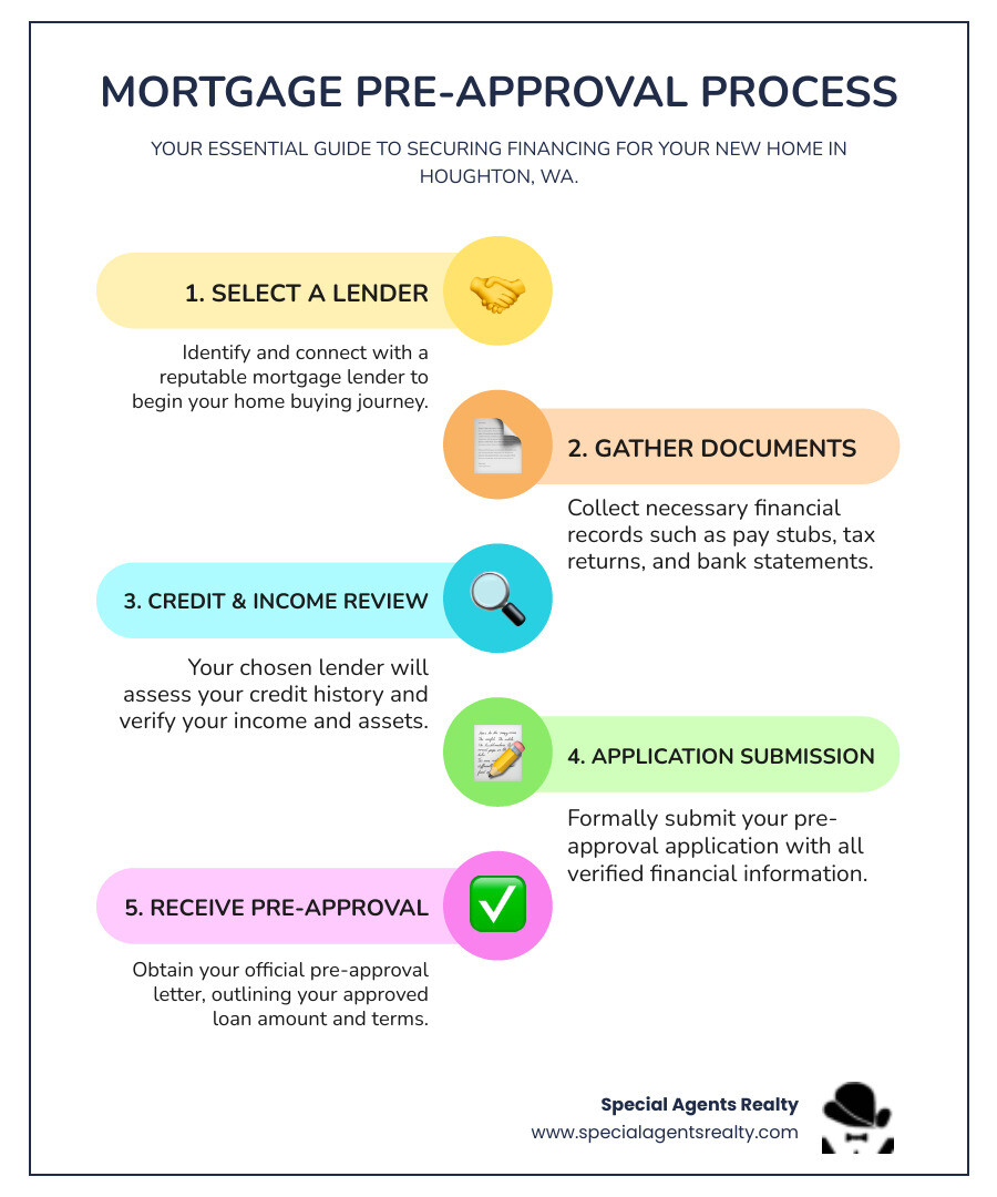 Infographic showing the mortgage pre-approval process with steps like gathering documents, credit check, income verification, and receiving a pre-approval letter - buy a home in houghton wa infographic infographic-line-5-steps-colors